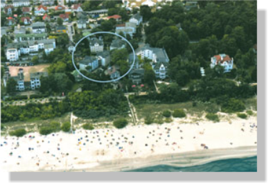 Luftbild mit Markierung der Ferienanlage "Inselstrand"