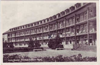 alte Postkarte Krankenhaus Halle-Dlau Anfang der Fnfziger